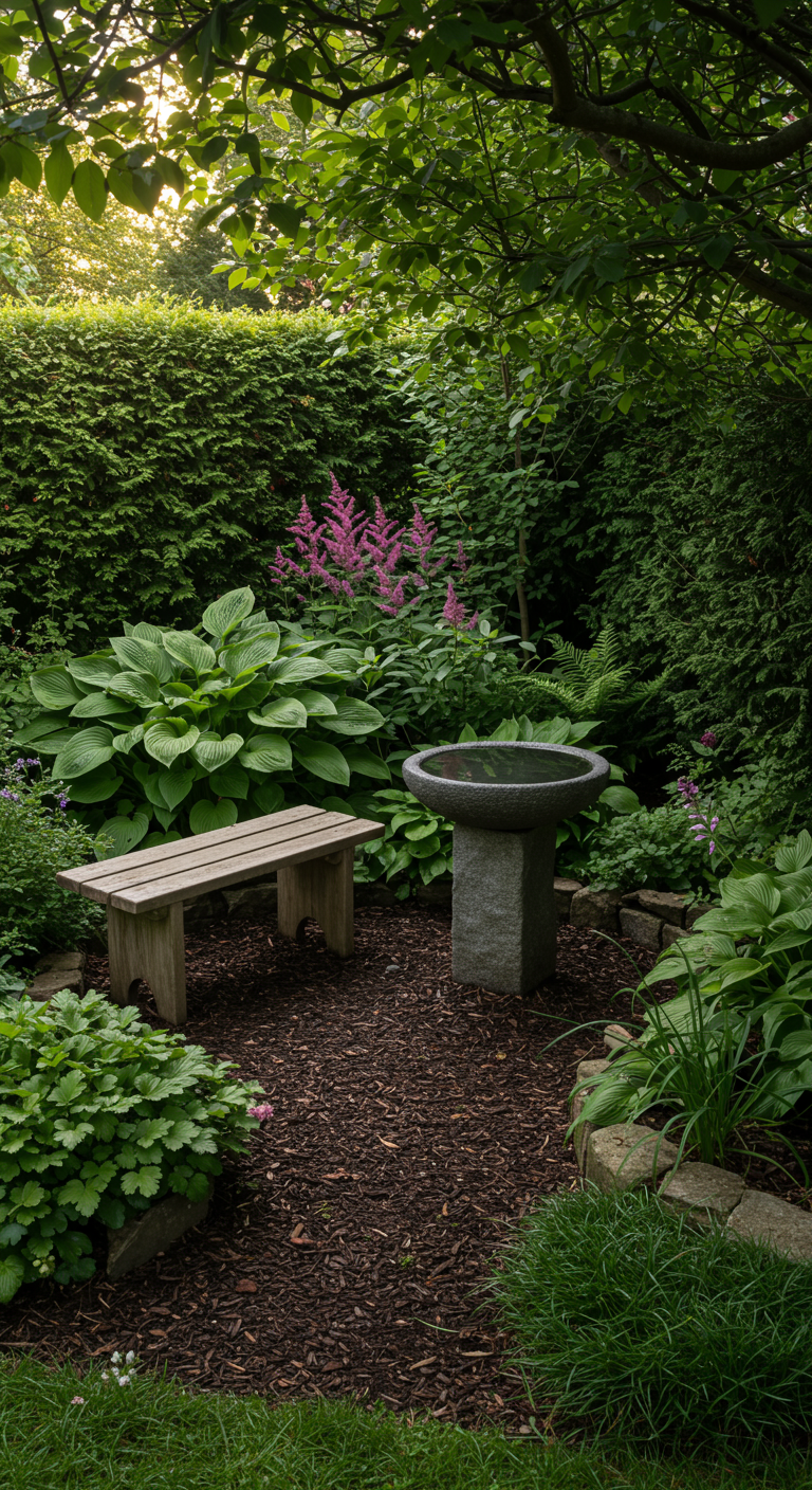Vogelbad auf Sockel in einem grünen Garten mit Holzbank und Sträuchern
