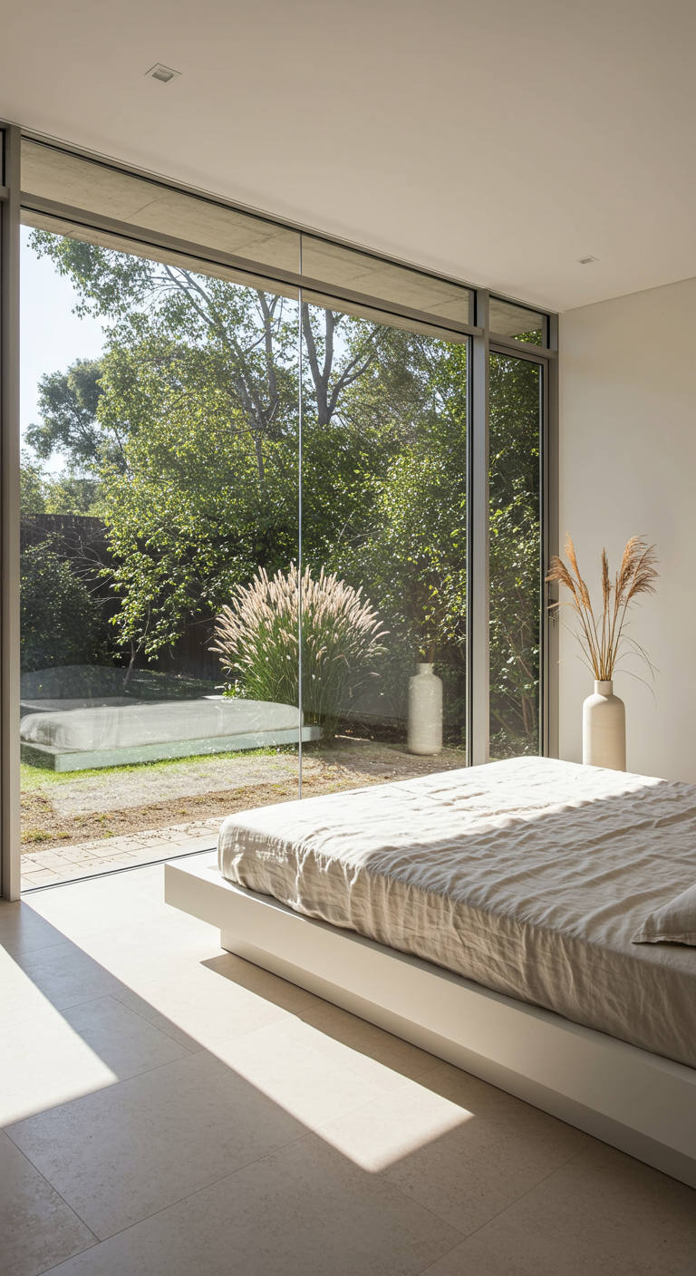 Minimalistisches Schlafzimmer mit großer Glasfront zum Garten.