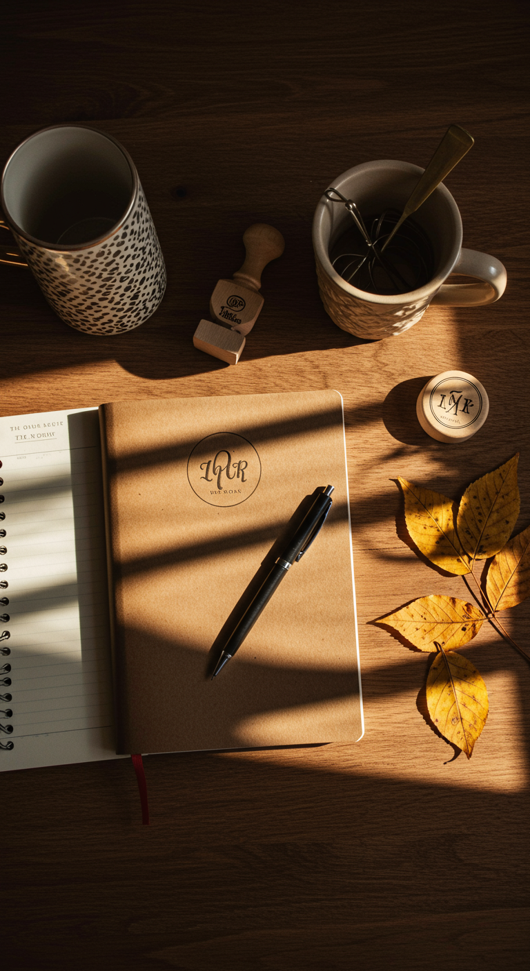 Schreibtisch im Sonnenlicht mit Notizbuch, Stiften, Stempel und Herbstblättern.