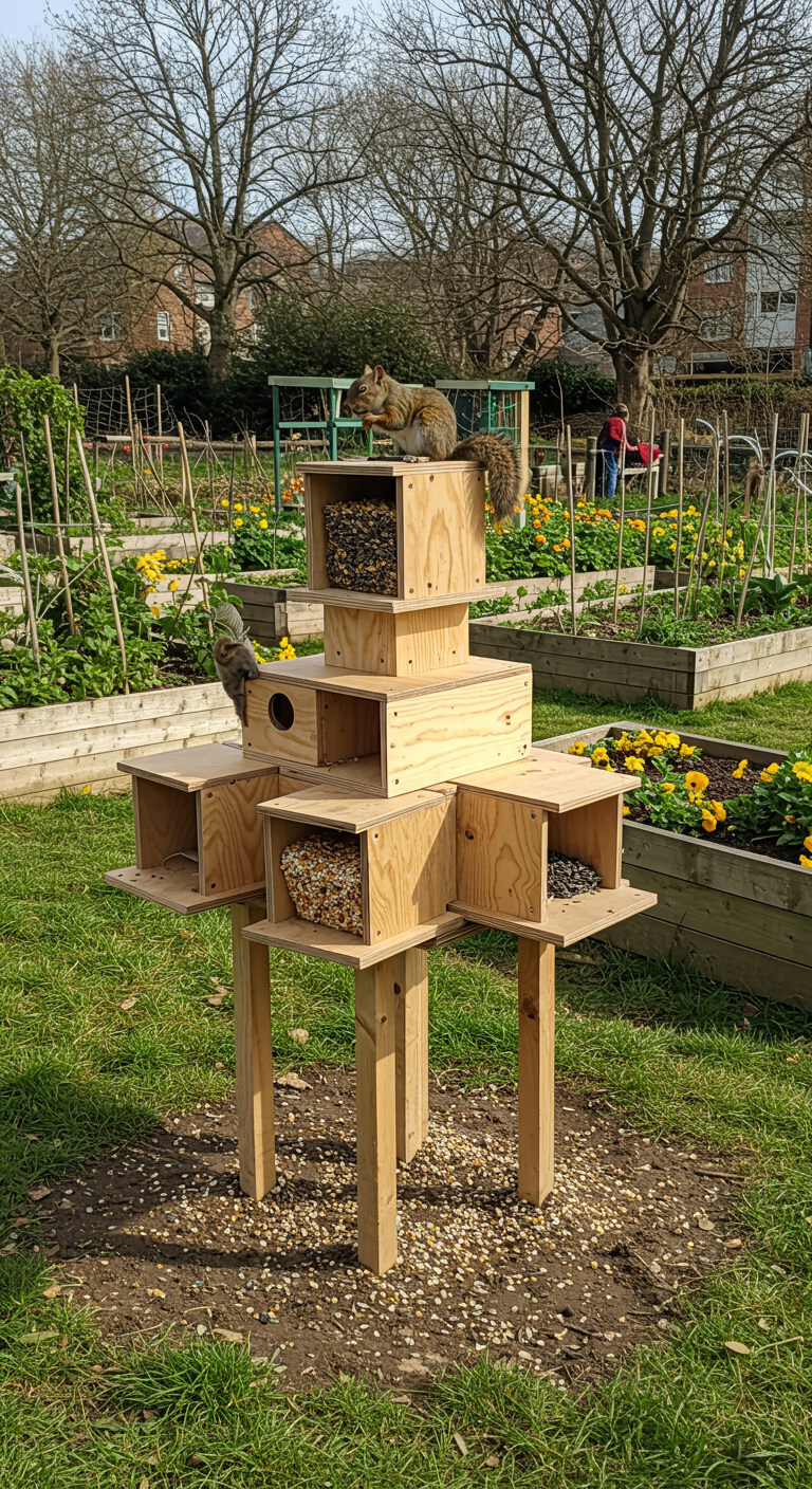 Turm aus Holzwürfeln als Futterstelle