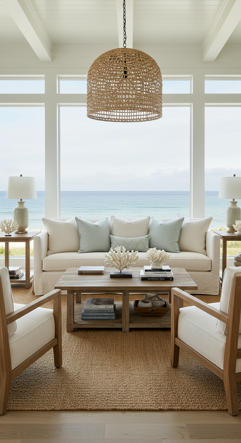 Helles Küsten-Wohnzimmer mit Meerblick, Leinensofa und Rattanlampe.