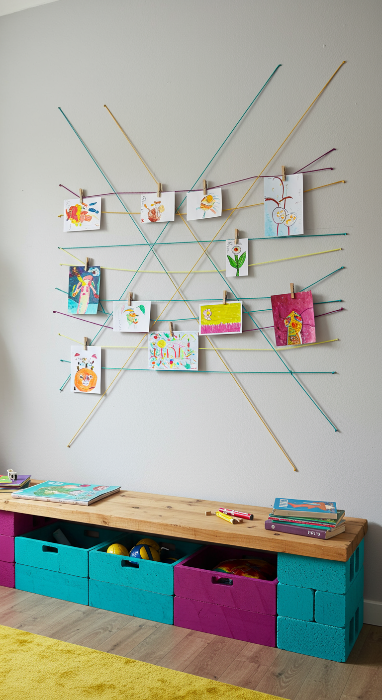 DIY-Galeriewand mit Schnüren für Kinderzeichnungen über einer Bank mit bunten Boxen.