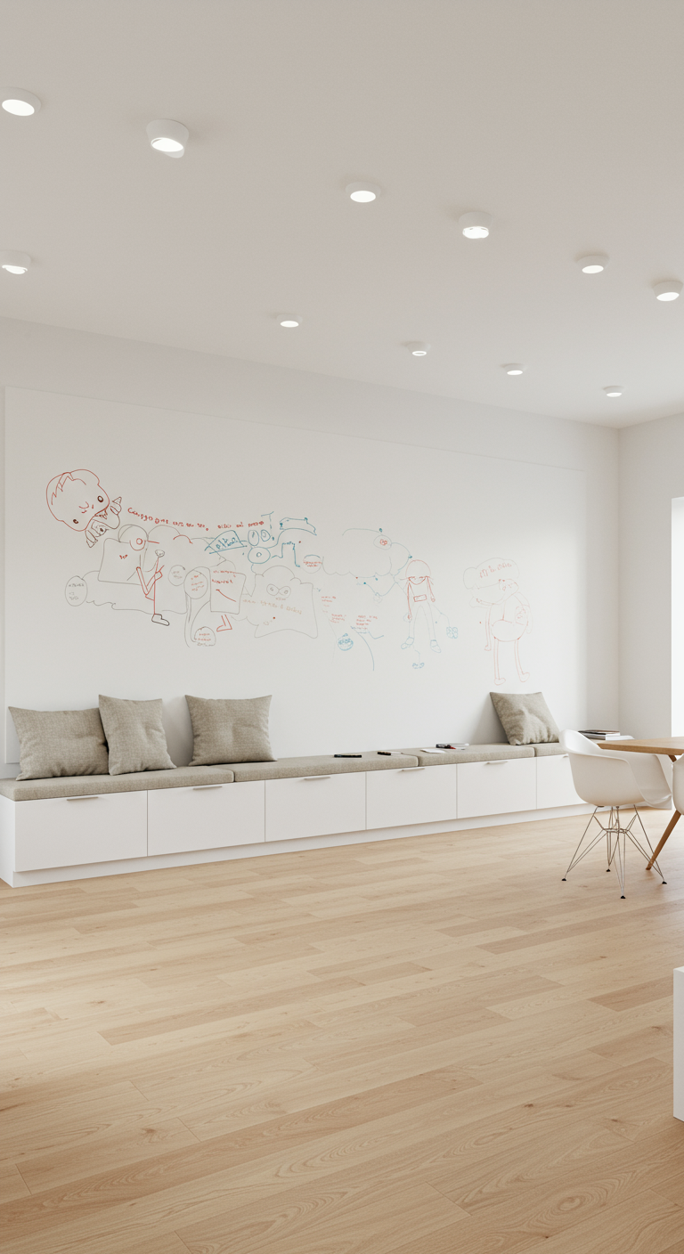 Heller Raum mit großer Whiteboard-Wand und langer Sitzbank mit Stauraum.