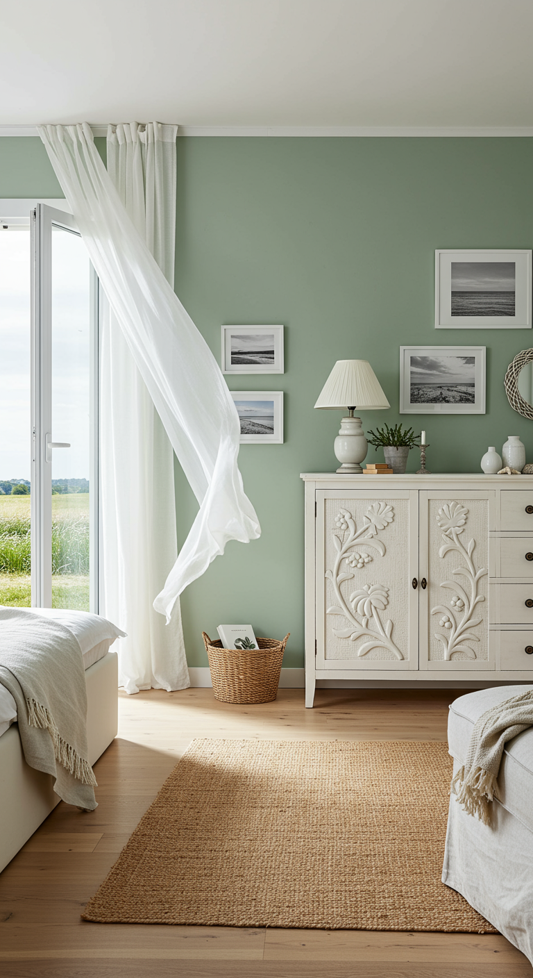 Helles Schlafzimmer mit salbeigrünen Wänden und weißer Kommode.
