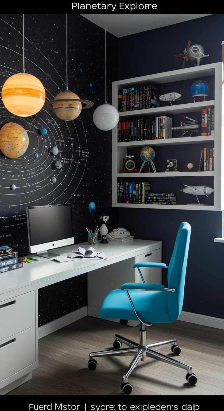 Schreibtisch vor einer Wand mit Sonnensystem-Motiv und Planetenlampen.