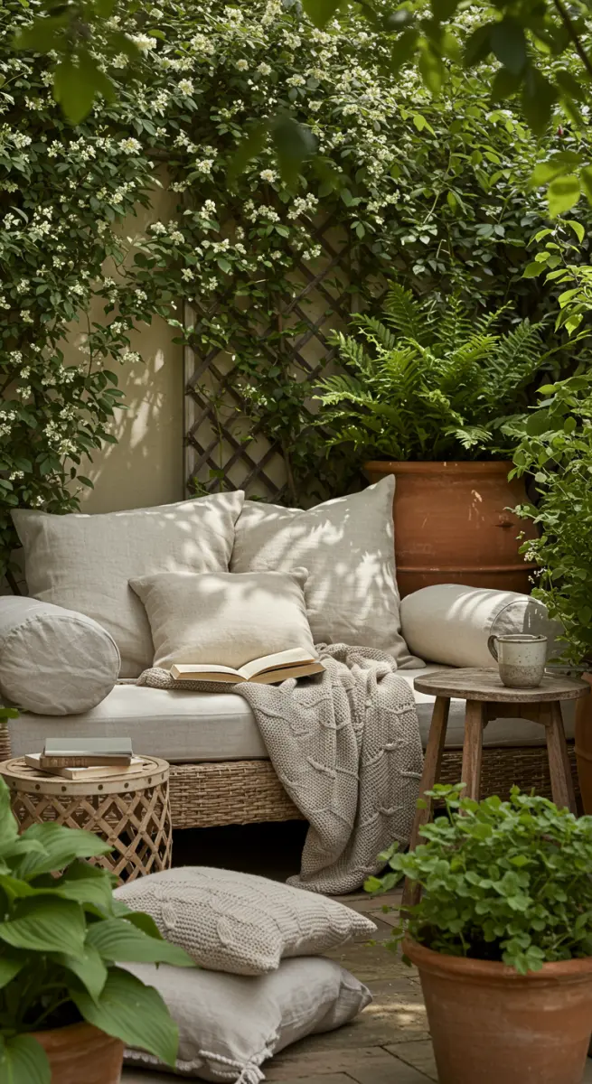 Gemütliches Rattansofa mit Kissen und Decke in einer grünen Gartenecke.