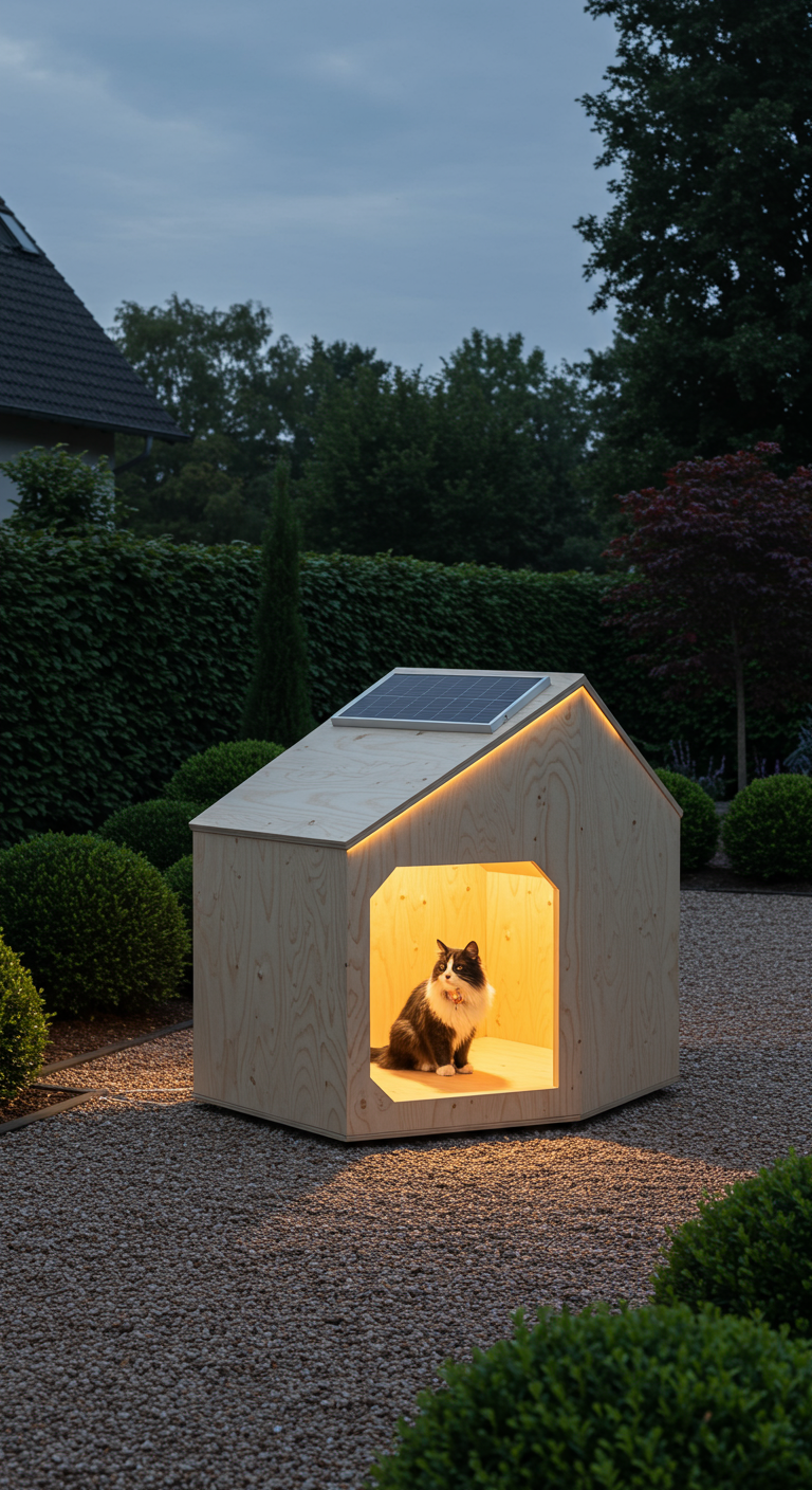 Modernes, helles Holzhundehütte mit warmer Innenbeleuchtung und Solarpanel auf dem Dach.