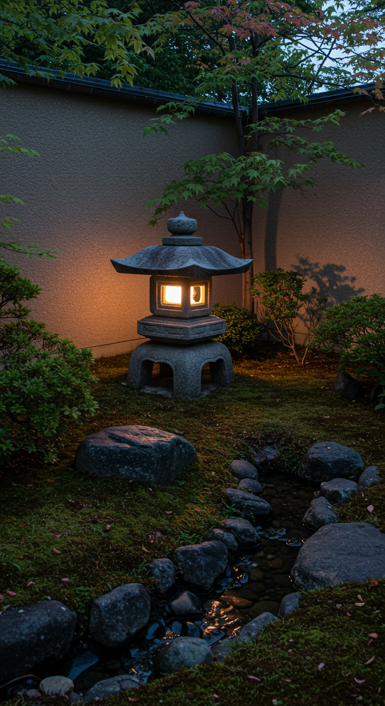 Japanische Steinlaterne (Tōrō) leuchtet in der Dämmerung neben einem kleinen Bach.