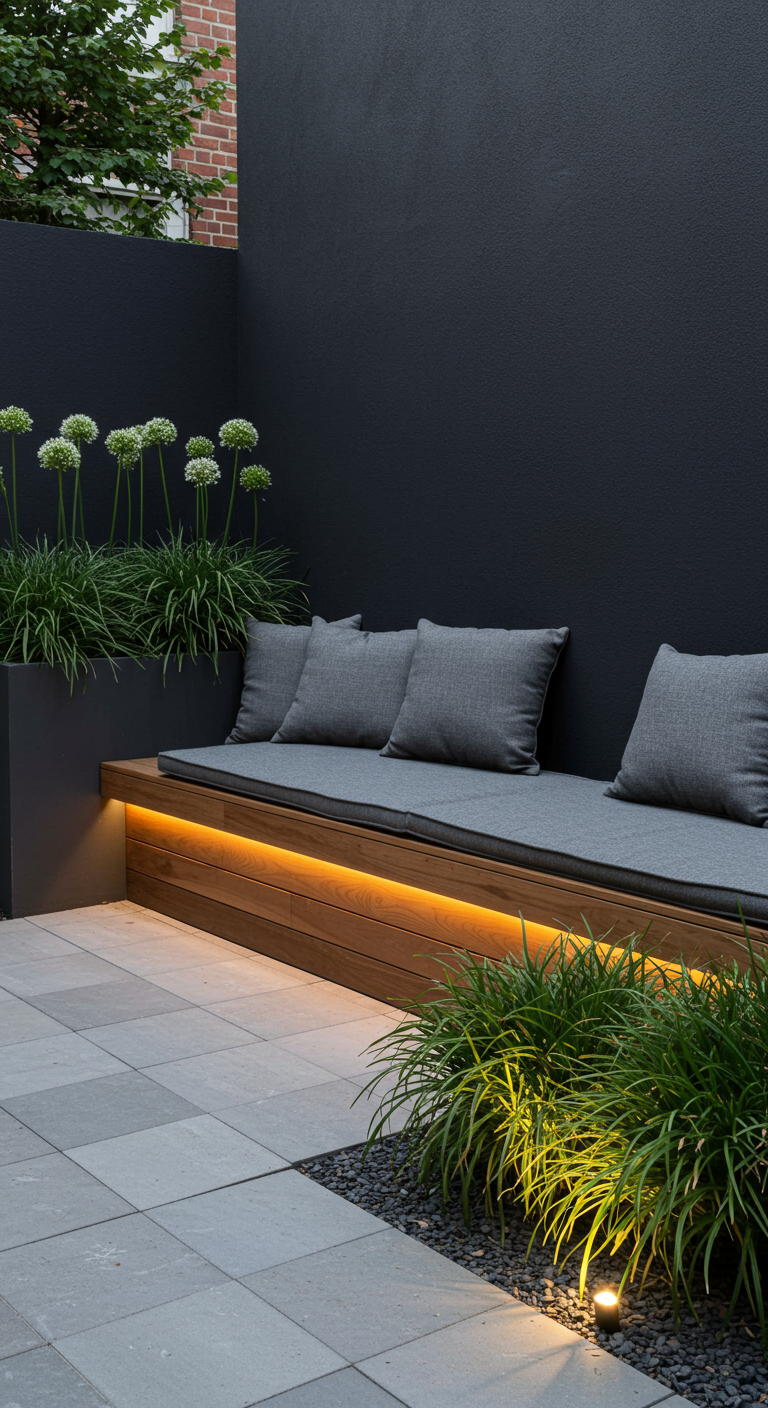 Moderne Gartenecke mit dunklen Wänden, schwebender Holzbank und indirekter Beleuchtung.