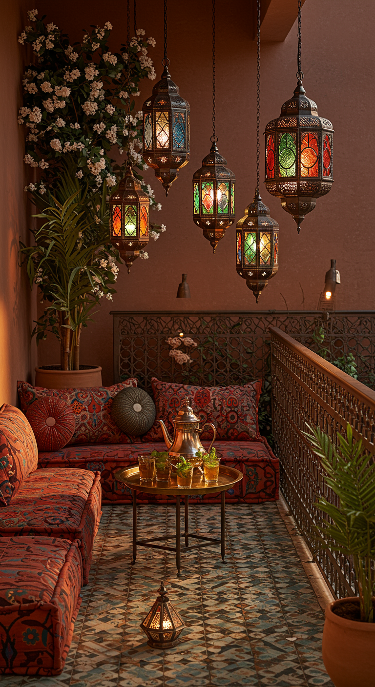 Marokkanischer Balkon mit bunten Laternen, tiefen Sitzkissen und orientalischer Deko.