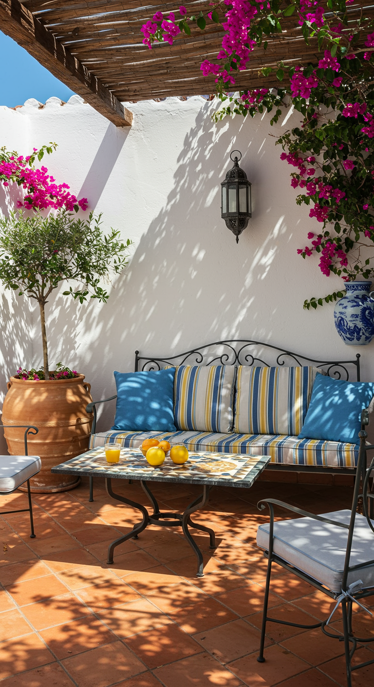 Schmiedeeisernes Sofa mit bunten Kissen auf mediterraner Terrasse mit Terrakottafliesen.
