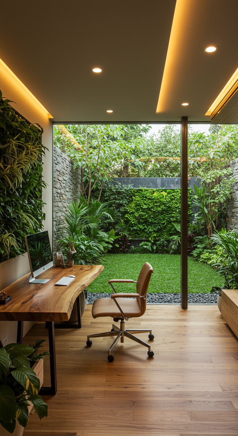 Modernes Home-Office mit großer Fensterfront zum Garten und vertikaler Pflanzenwand.