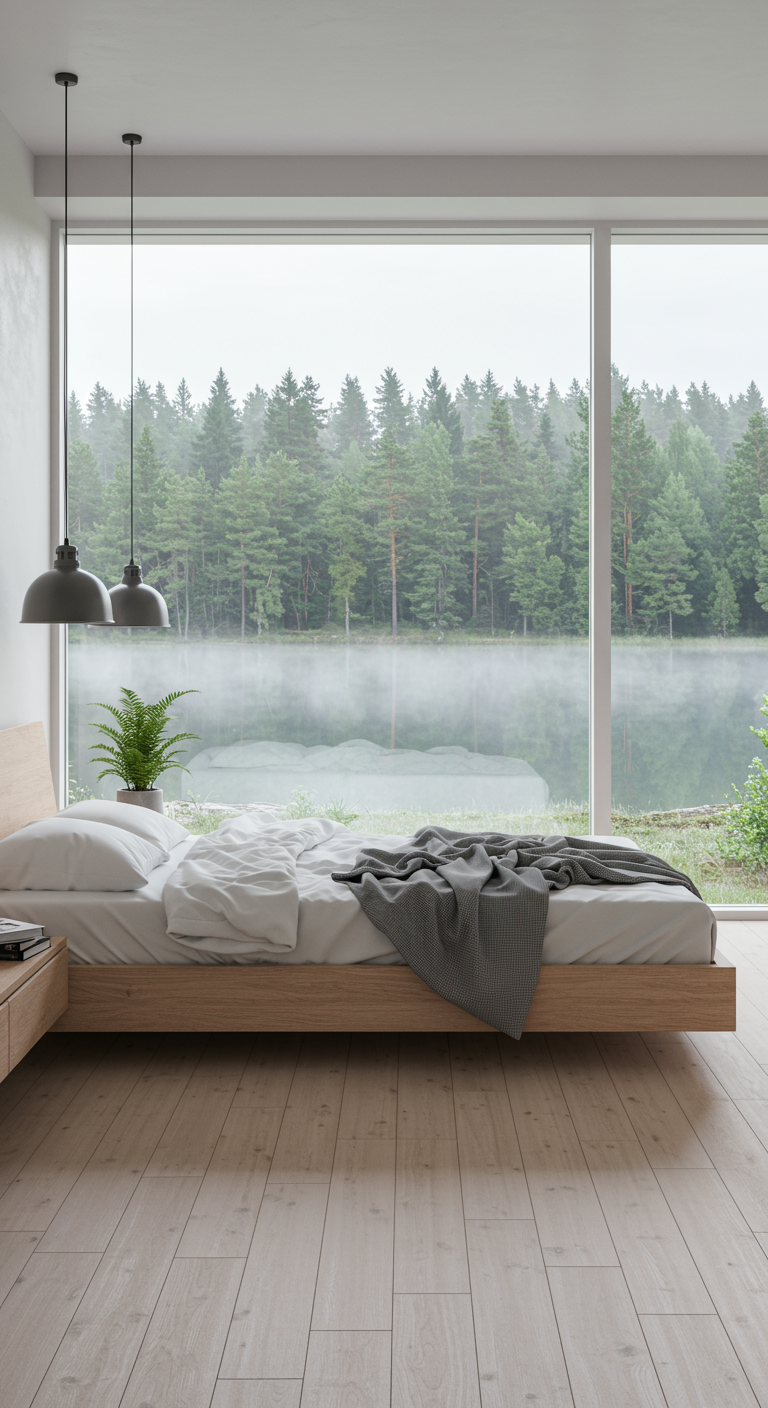 Minimalistisches Schlafzimmer mit großem Panoramafenster und Waldblick.