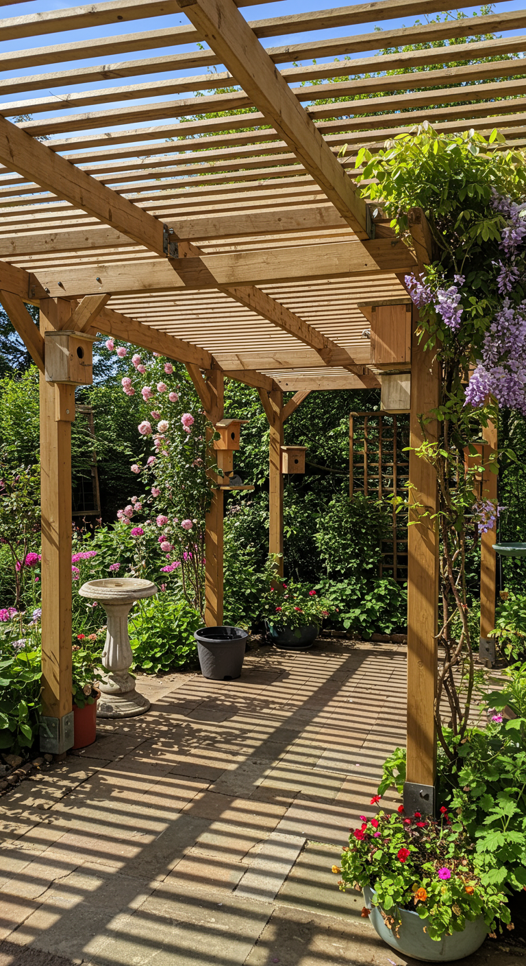Holzpergola im Garten mit Vogelhäuschen und blühenden Pflanzen
