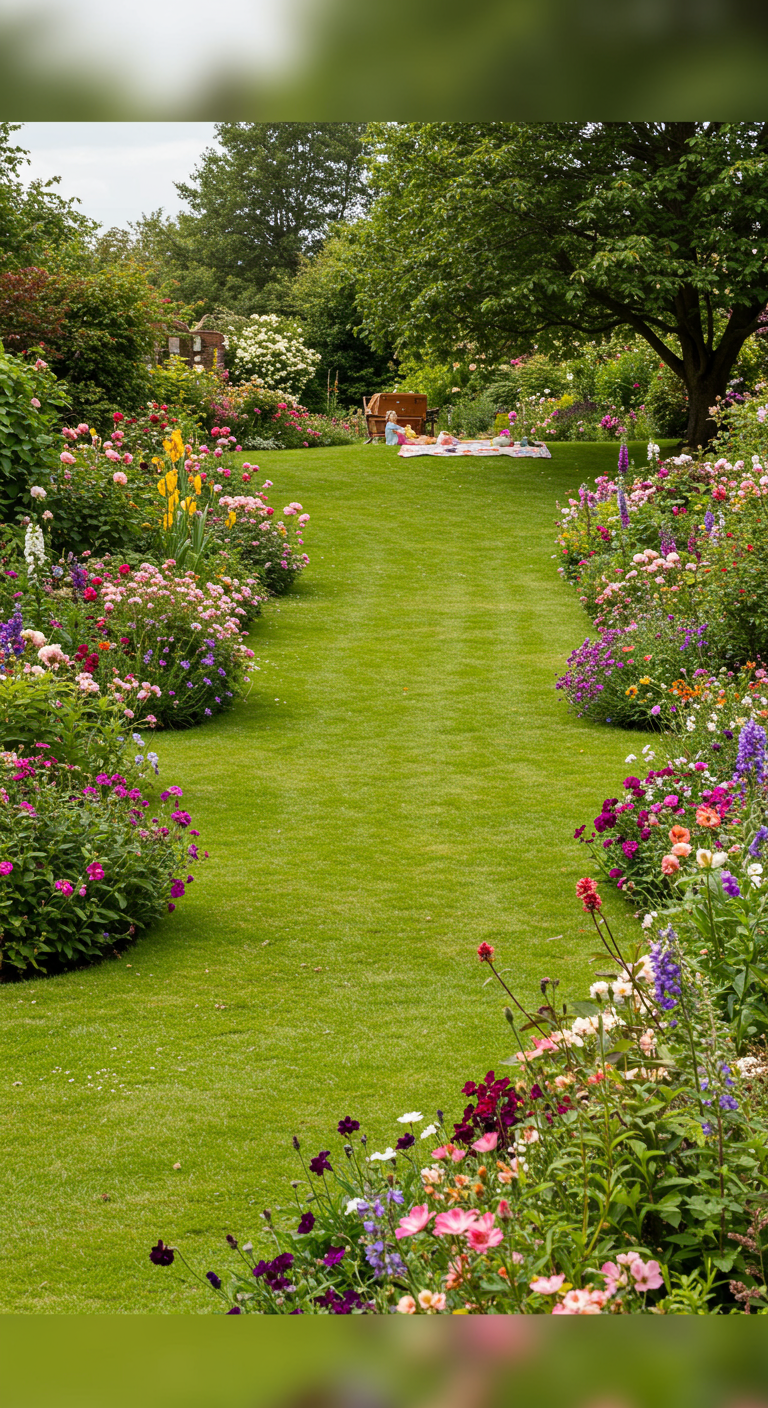 Weite Rasenfläche, umgeben von bunten Blumenbeeten, mit einer Picknickdecke.
