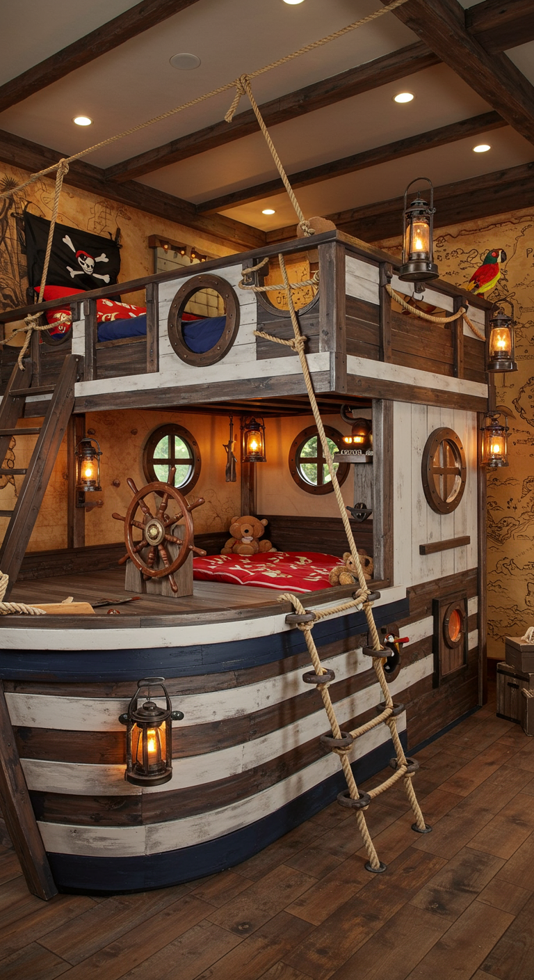 Kinderzimmer mit Piratenschiff-Stockbett, Steuerrad und Laternen.