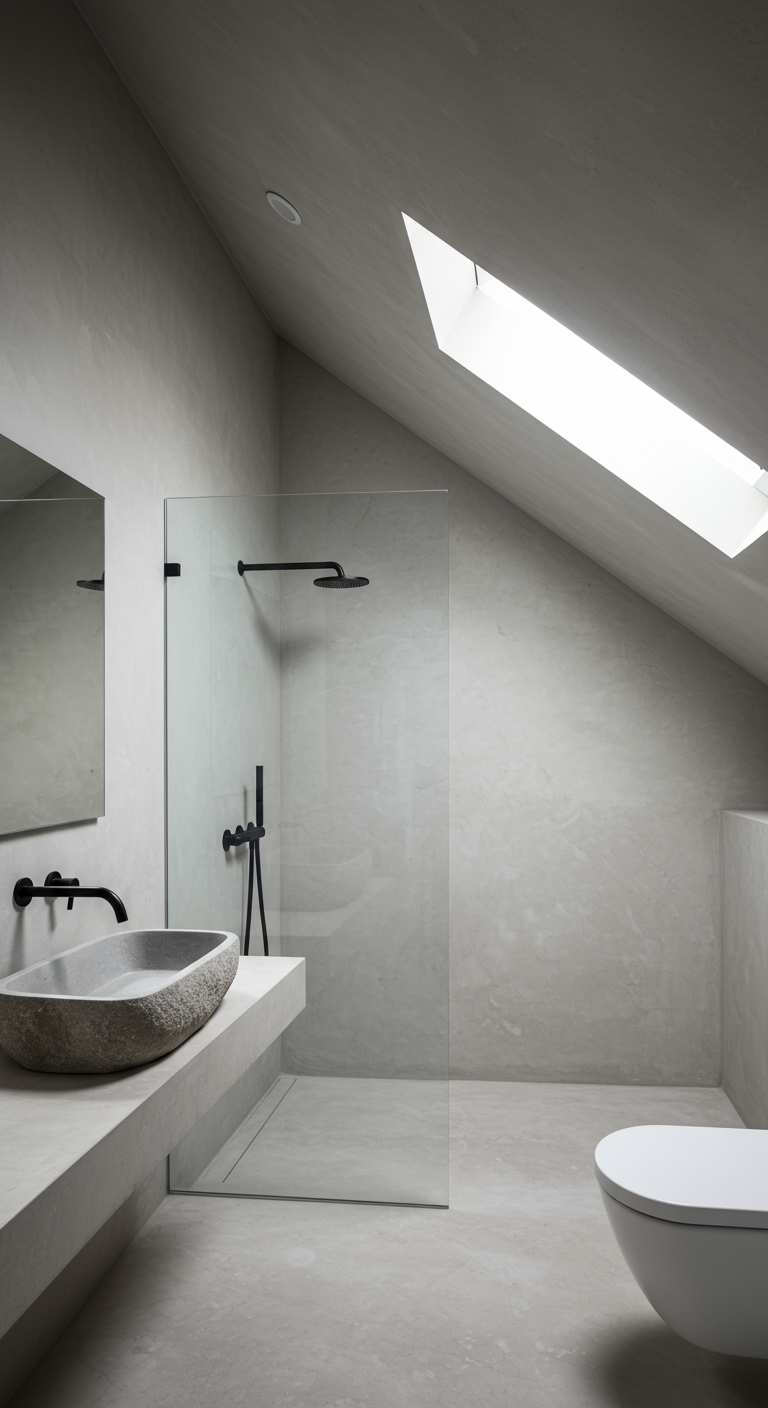 Minimalistisches Dachbadezimmer mit Betonwänden, Ste Waschbecken und schwarzer Armatur.