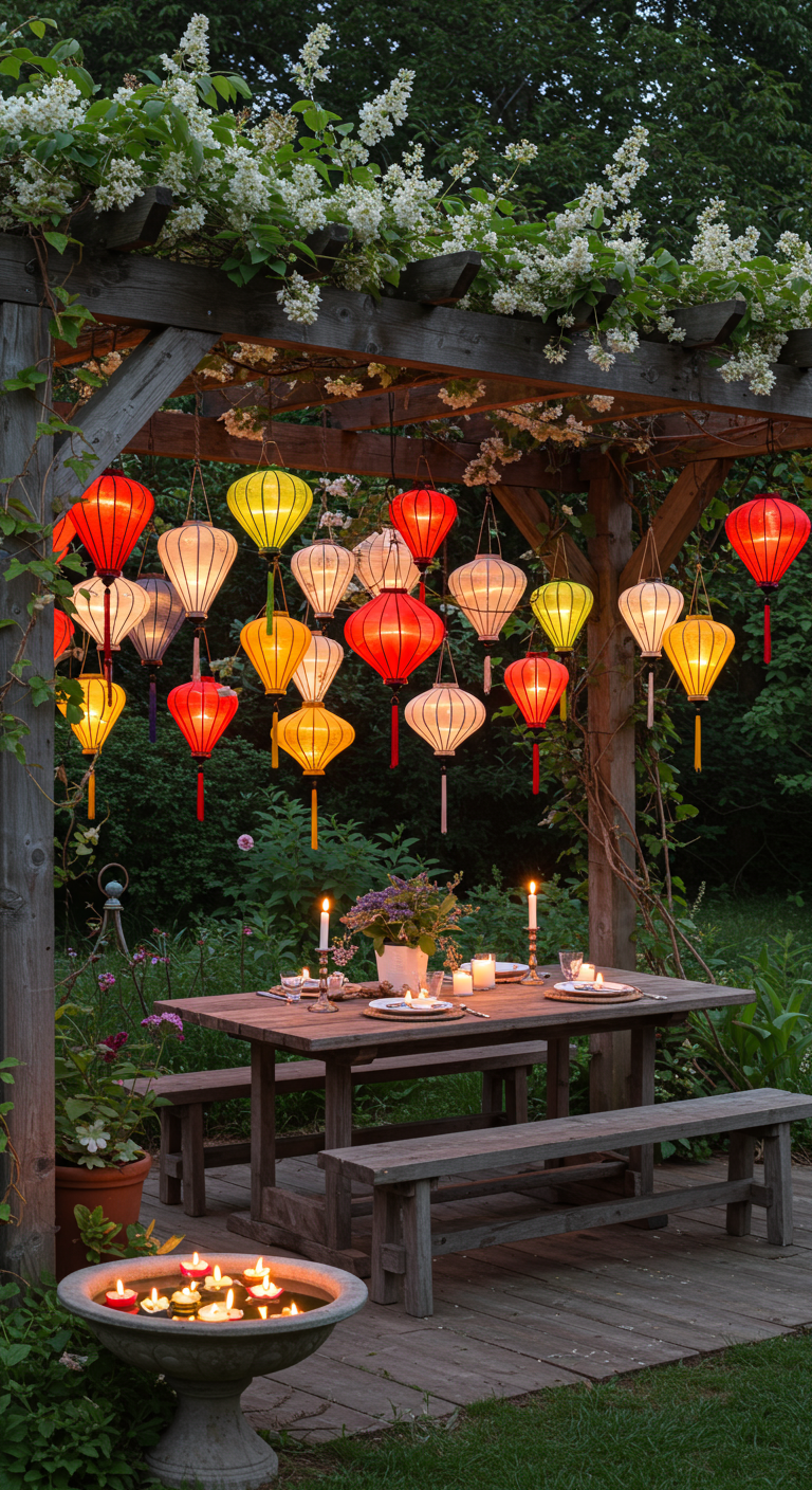 Gedeckter Holztisch unter einer Pergola mit Lampions, daneben Schale mit Schwimmkerzen.