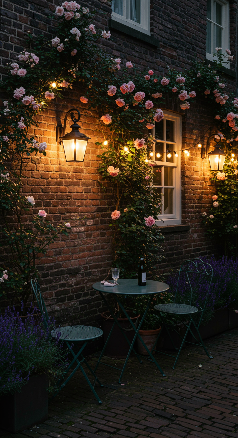 Bistro-Set vor einer Rosenwand mit Laternen und Lichterketten bei Nacht.
