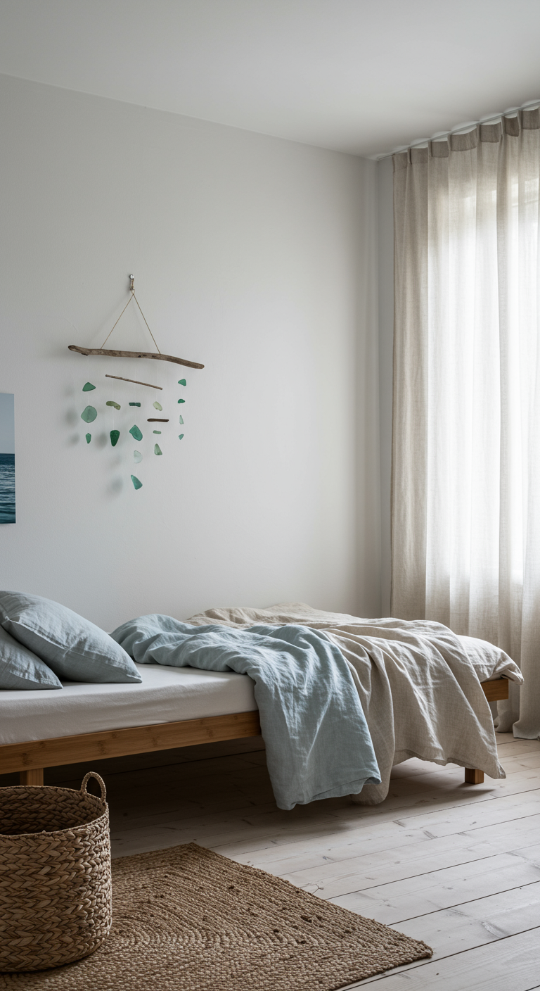 Minimalistisches Schlafzimmer mit Holzbett, Leinenbettwäsche, Jute-Teppich und Treibholz-Mobile.