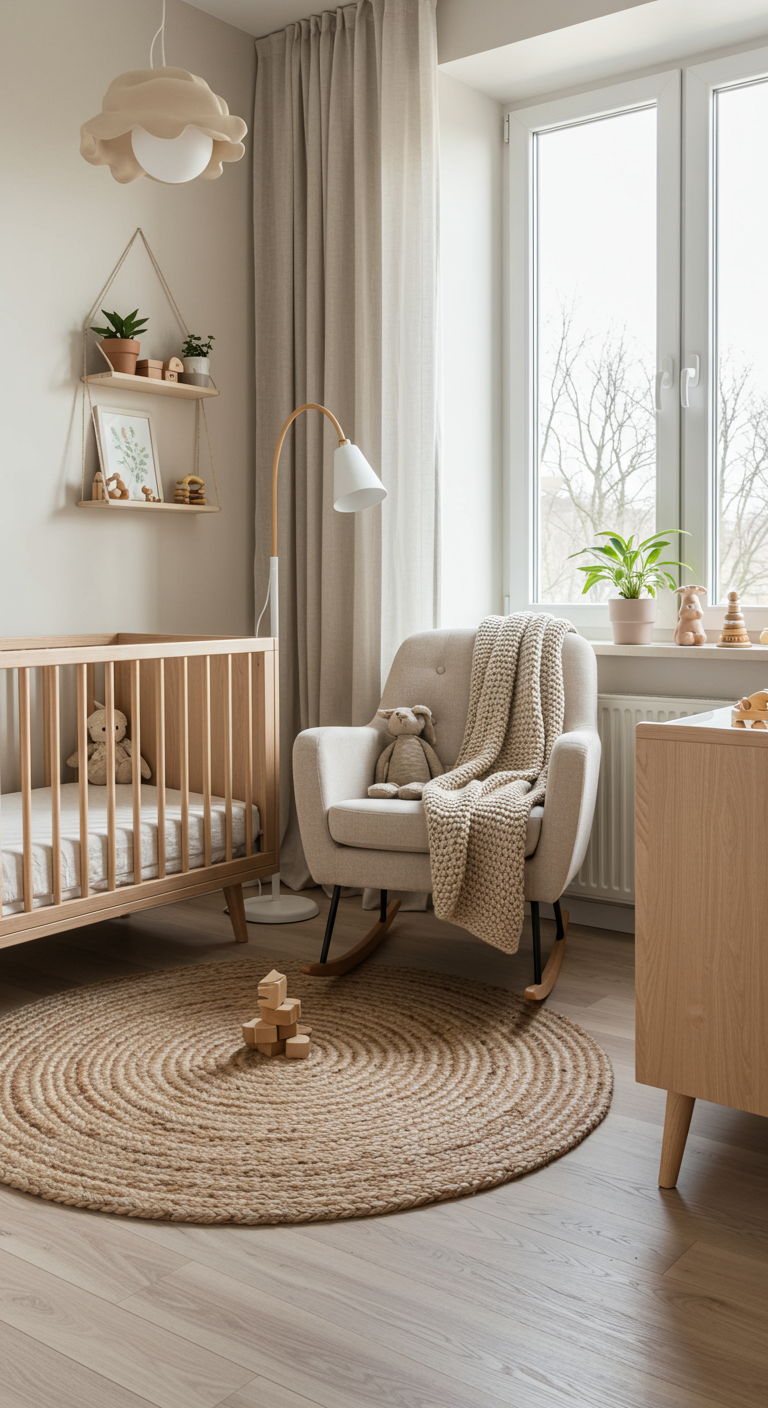Helles Babyzimmer mit Holzbettchen, Schaukelstuhl und rundem Jute-Teppich.