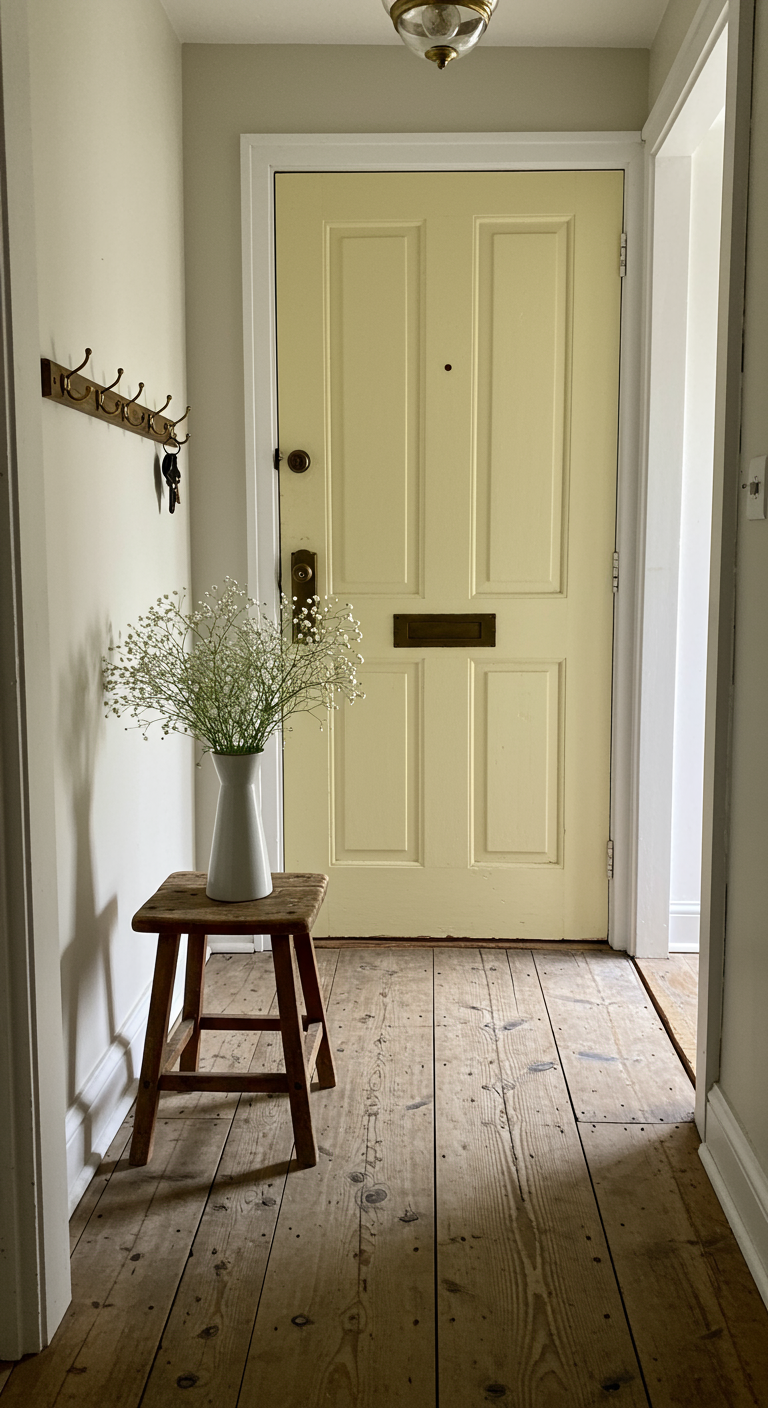 Schlichter Flur mit blassgelber Tür, Holzhocker mit Vase und Messinghaken.