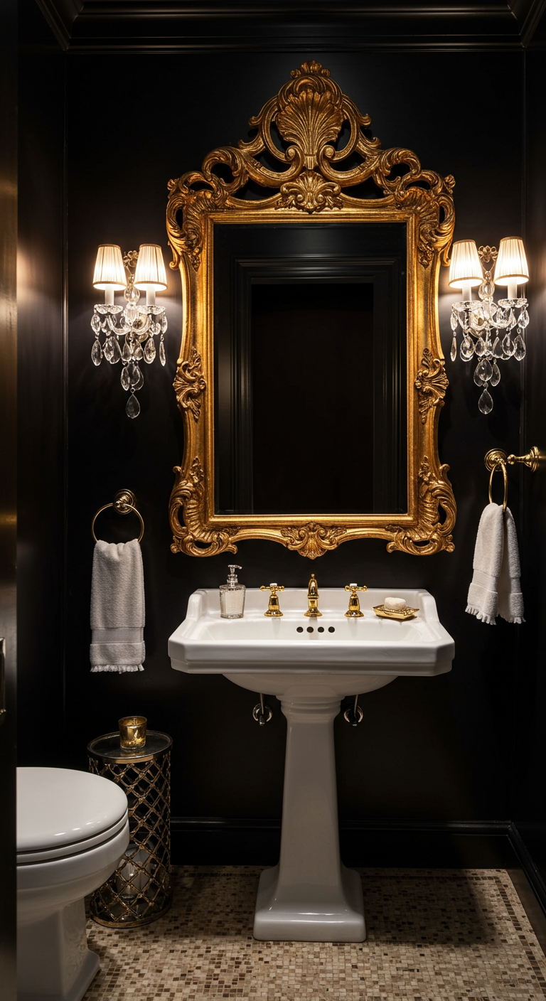 Dunkles Gäste-WC mit opulentem Goldspiegel und Standwaschbecken.