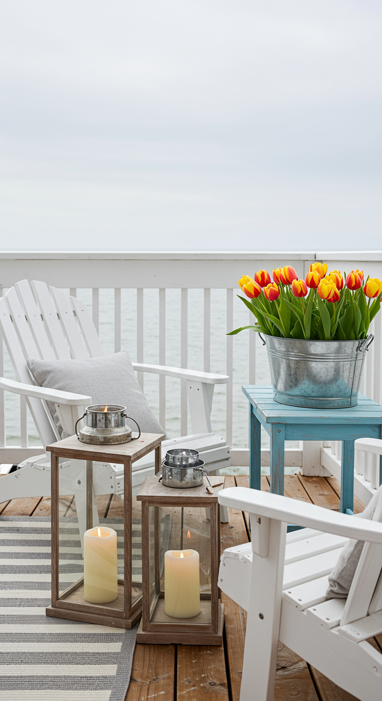 Balkon mit weißen Adirondack-Stühlen, Laternen und Tulpen in einem Zinkeimer.