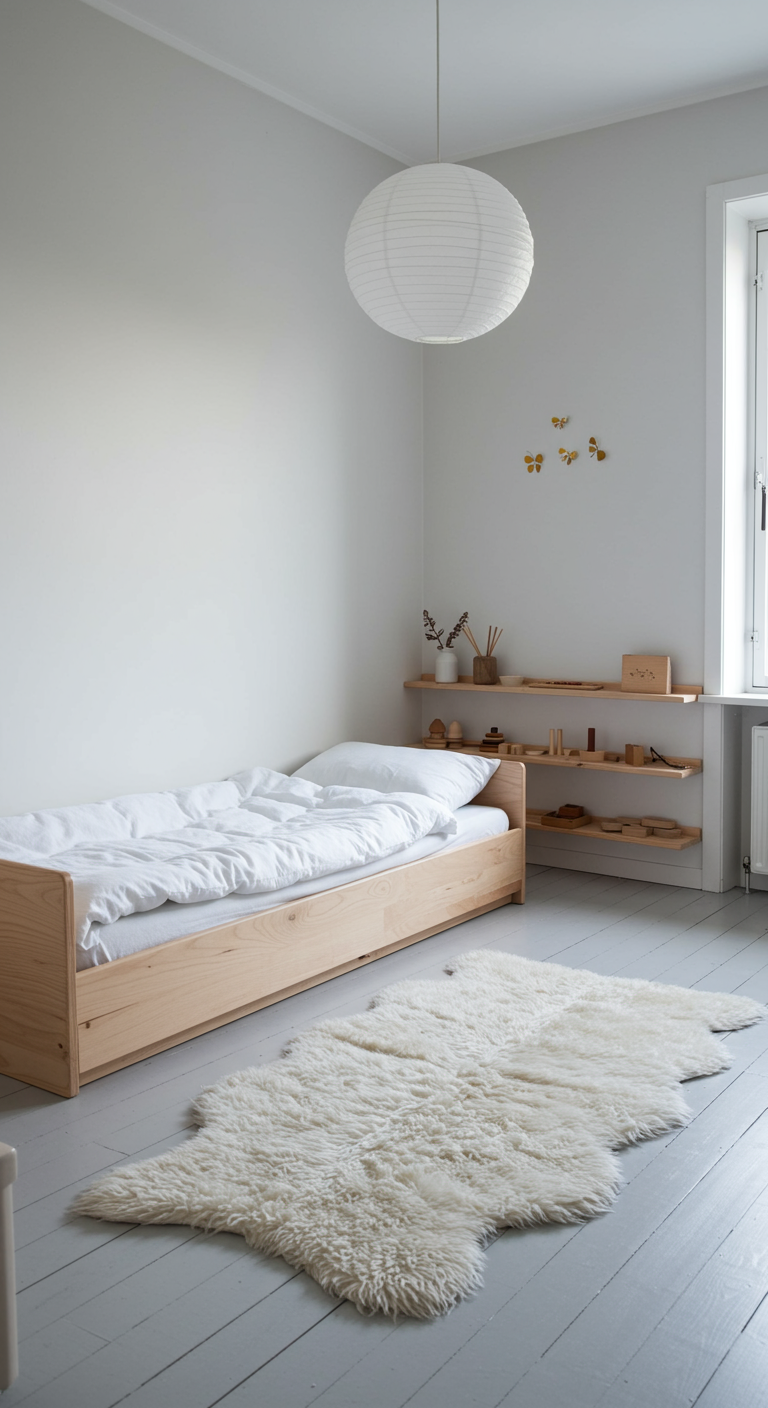 Minimalistisches Kinderzimmer mit Holzbett und Schaffell-Teppich.