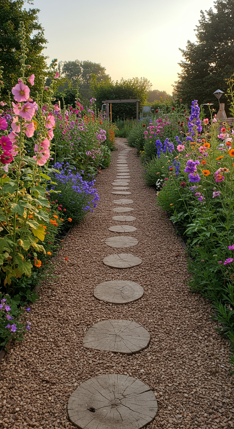 Kiesweg mit runden Holzscheiben, umgeben von bunten Blumenbeeten