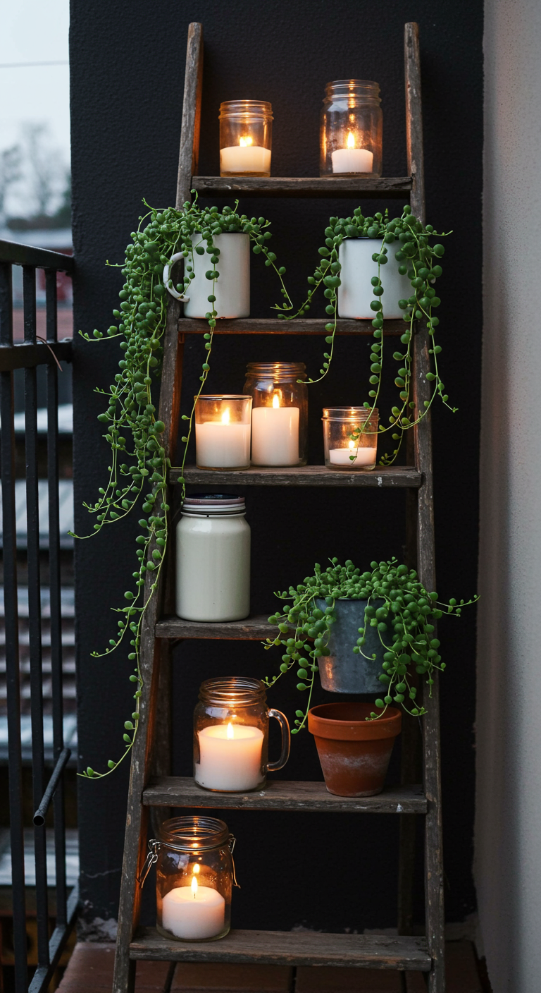 Kleiner Metalltisch mit weißer Spitzentischdecke, Weinglas und Kerzenständer.