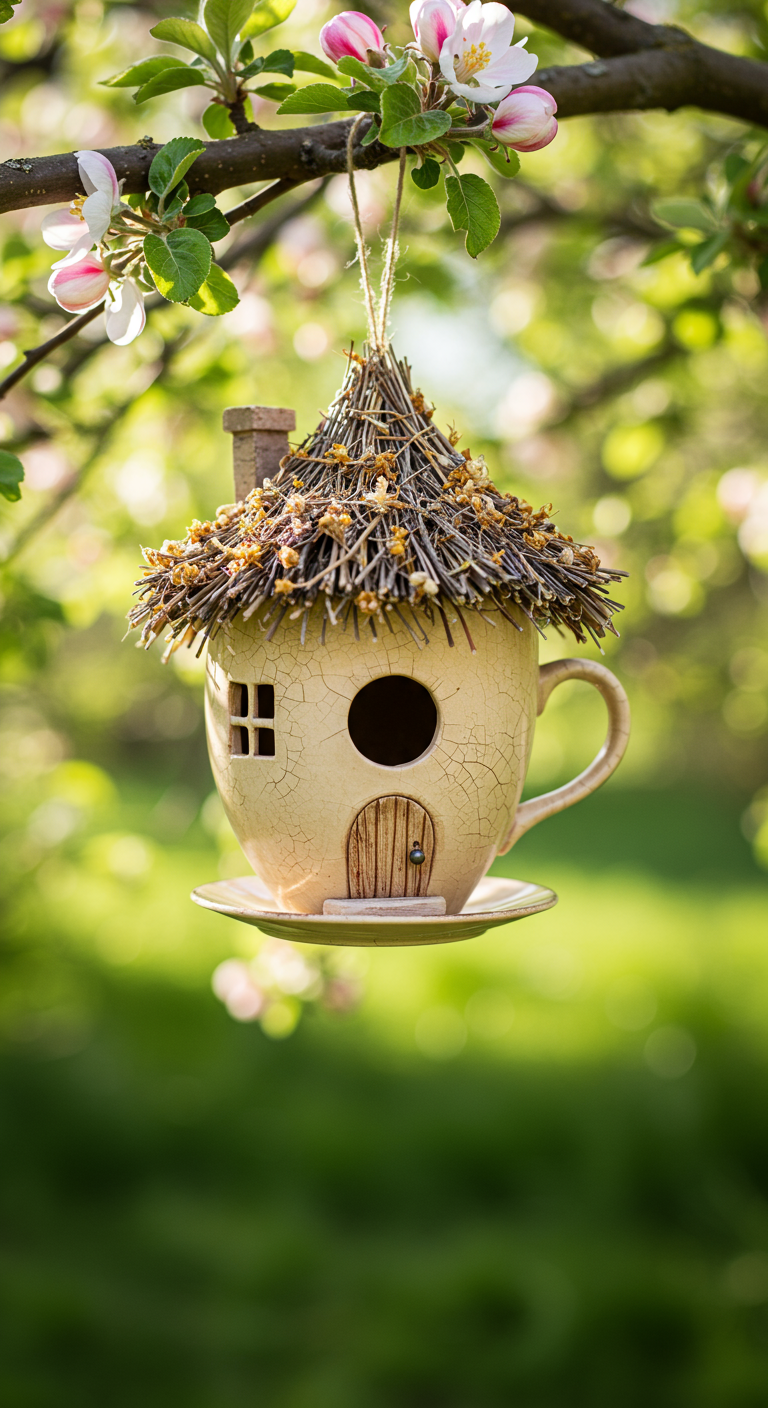 Ein Vogelhaus aus einer überdimensionalen Teetasse mit Strohdach, hängt im Baum.
