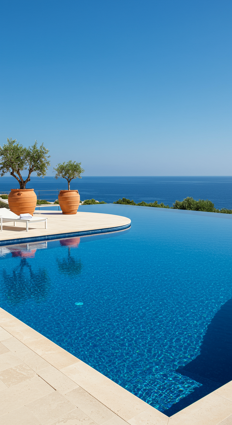 Infinity-Pool mit Meerblick, am Rand zwei große Terrakotta-Töpfe mit Olivenbäumen.