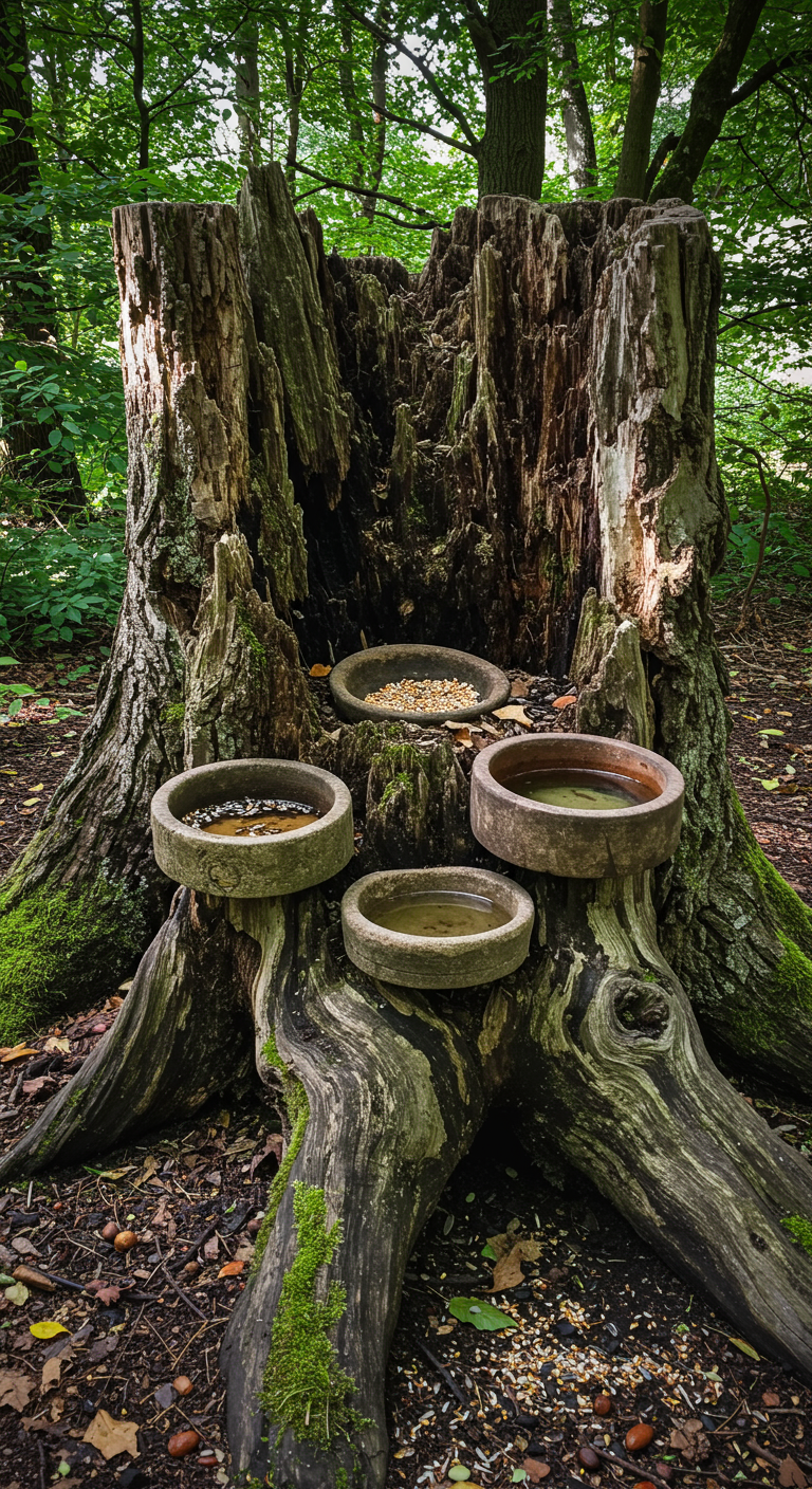 Alter, großer Baumstumpf mit Moos und mehreren runden Steinschalen für Futter und Wasser.
