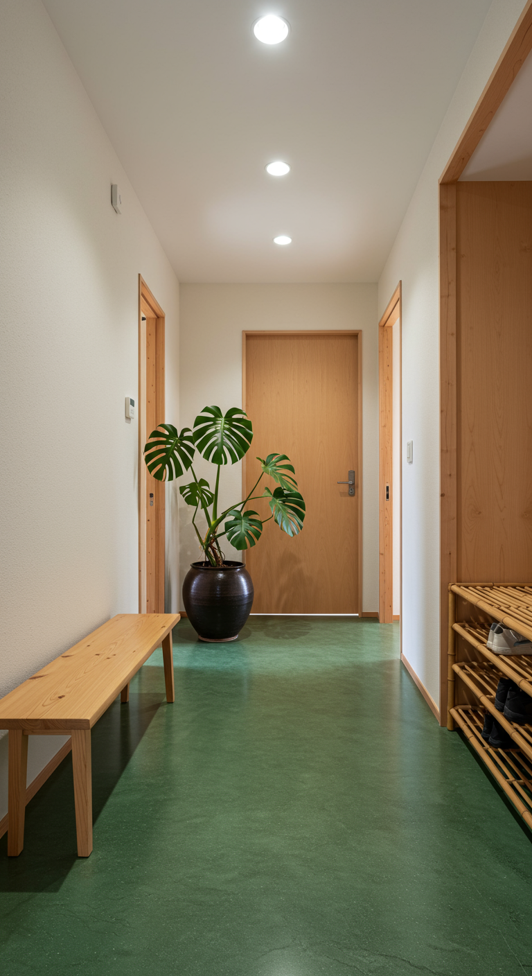 Heller japanischer Flur mit grünem Boden, Holzbank und Monstera-Pflanze.