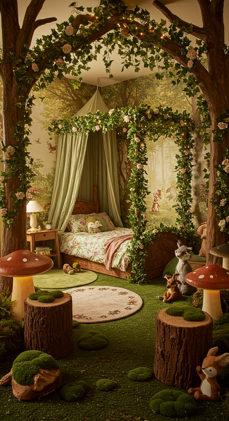 Märchenhaftes Kinderzimmer mit Himmelbett, Waldtapete und Pilzhockern.