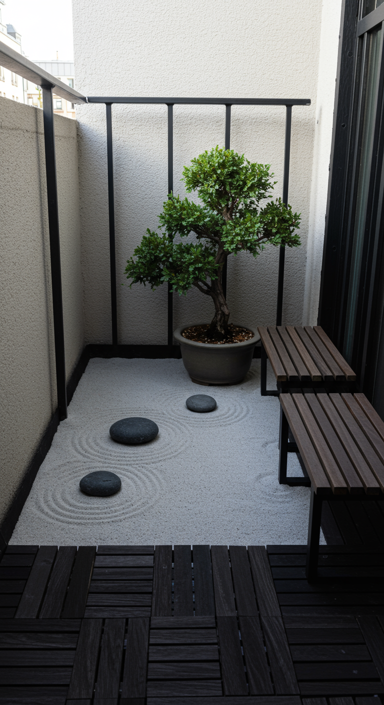 Kleiner Zen-Garten auf Balkon mit geharktem Sand, Steinen und Bonsai.