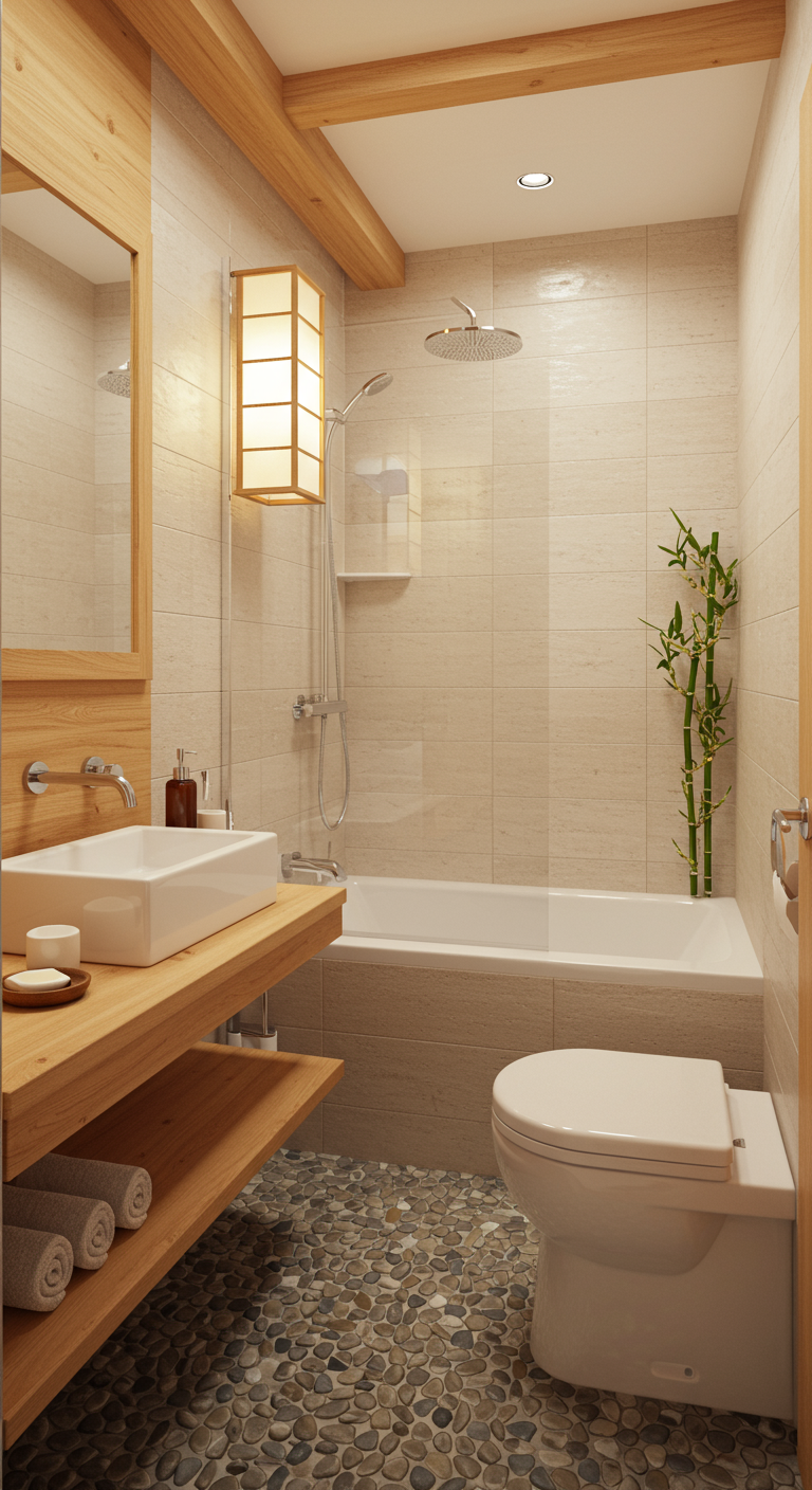 Badezimmer im Japandi-Stil mit Holz, Kieselsteinen und Bambus.