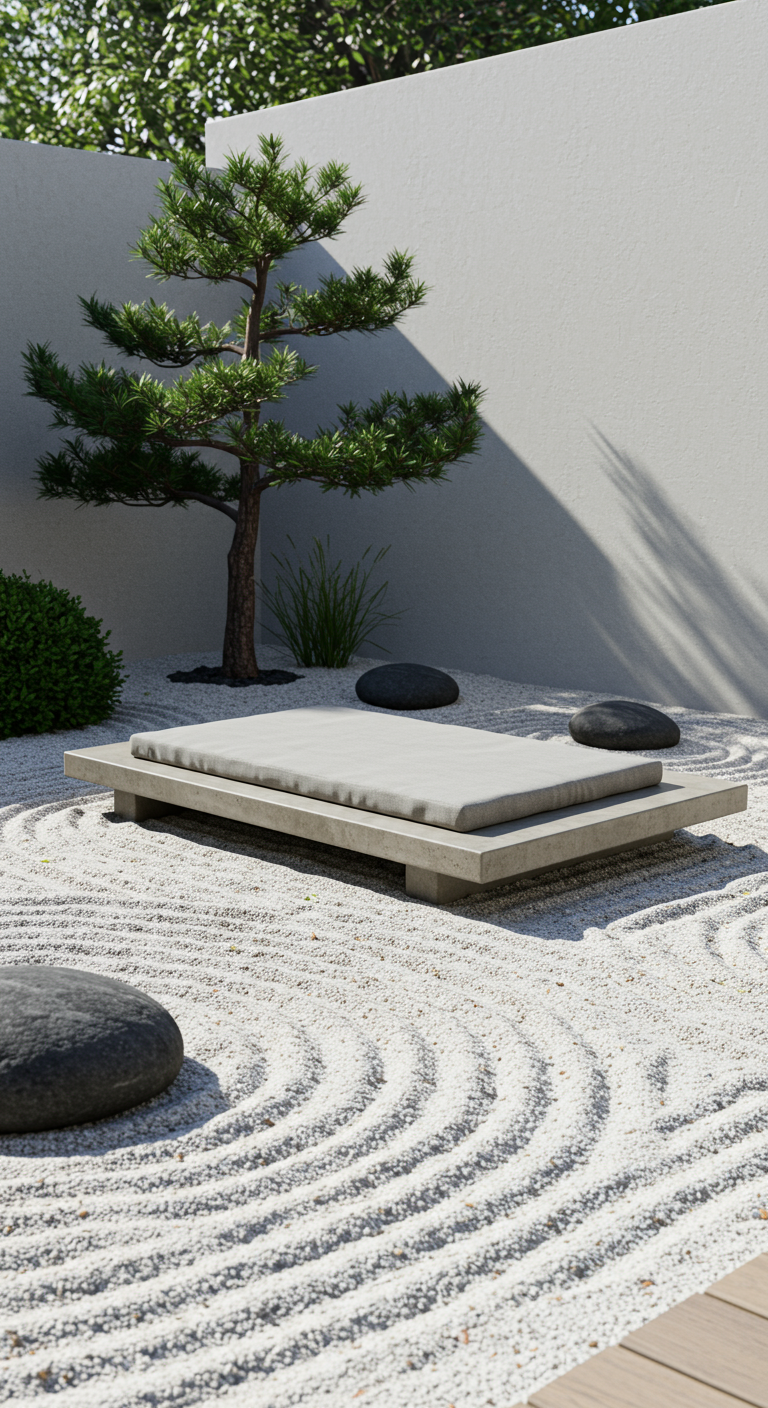 Minimalistischer Liegeplatz auf einem Kiesbett mit geharkten Mustern in einem Zen-Garten.