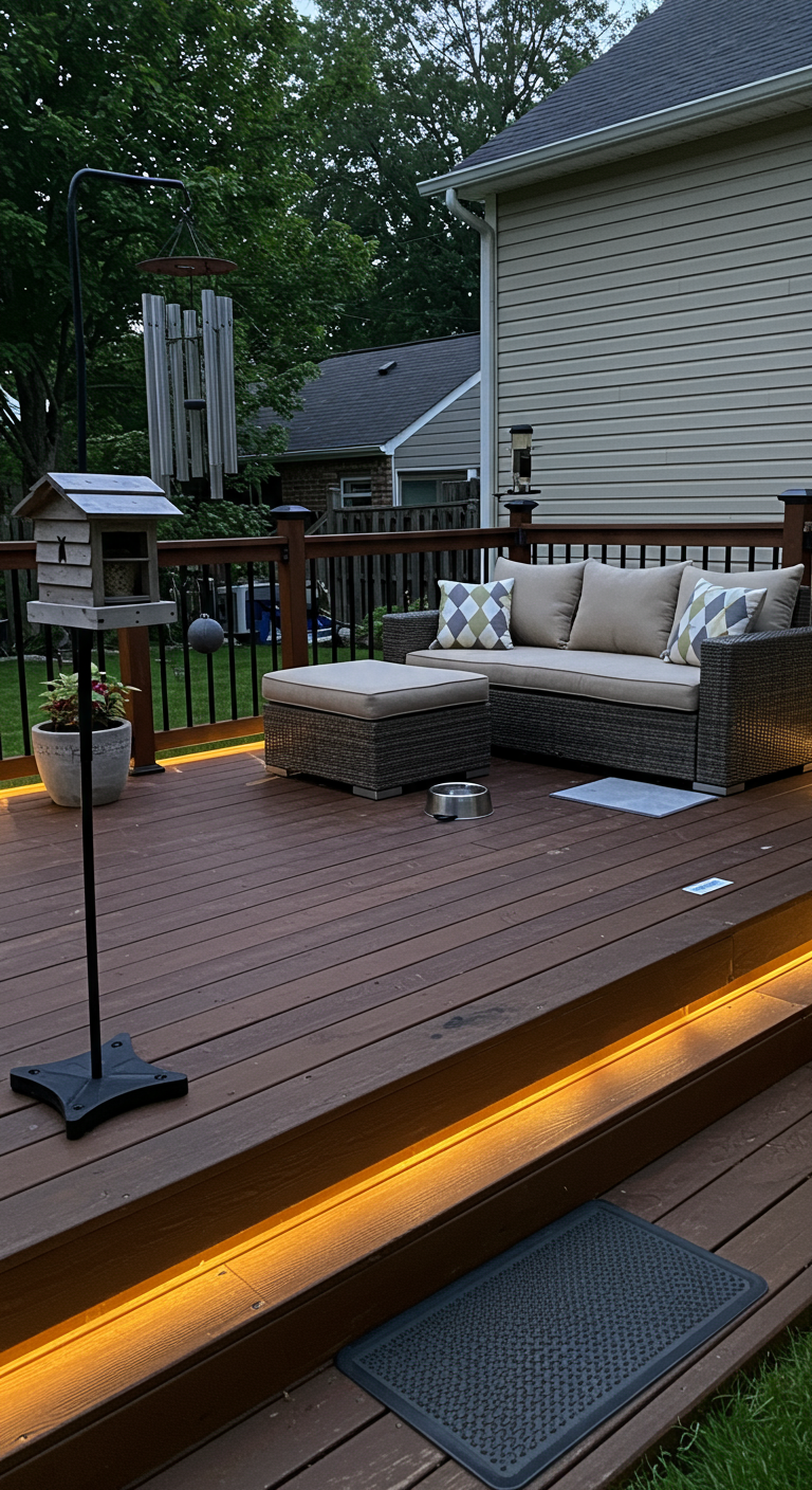 Modernes Holzdeck bei Dämmerung mit Metall-Windspiel und LED-Beleuchtung.