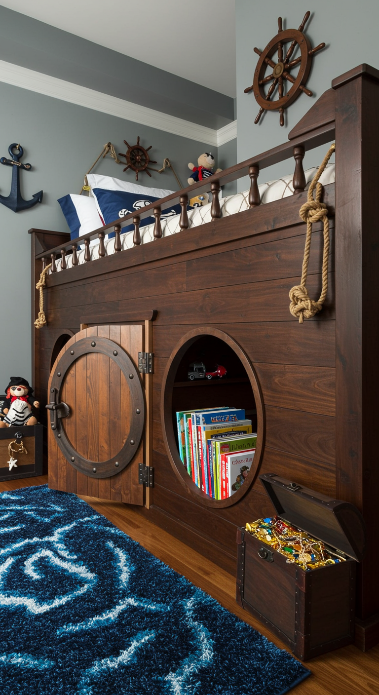 Kinderzimmer-Hochbett im Piratenschiff-Design aus dunklem Holz mit Bullauge und Schatzkiste.