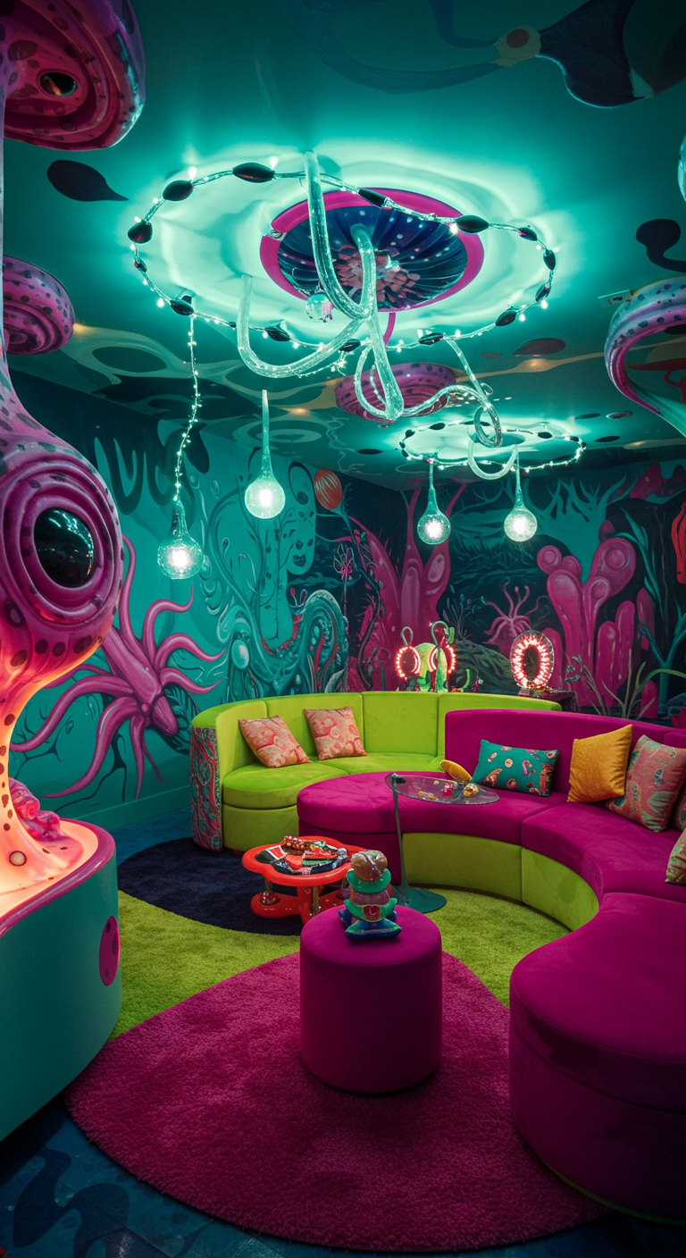 Farbenfrohes, surreales Spielzimmer im Stil einer Alien-Welt mit organischen Formen.