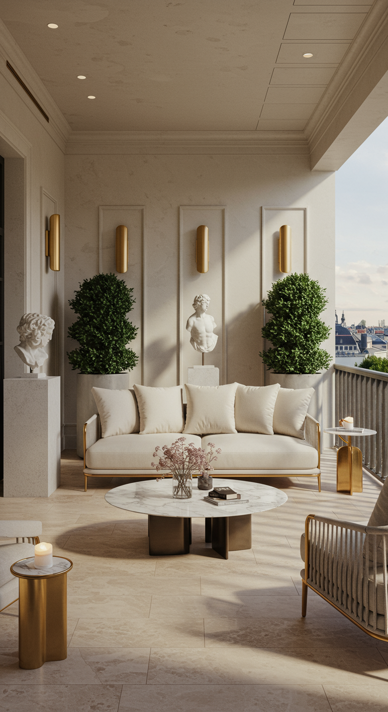 Elegantes cremefarbenes Sofa mit goldenen Akzenten und Marmortisch auf einem schicken Balkon.