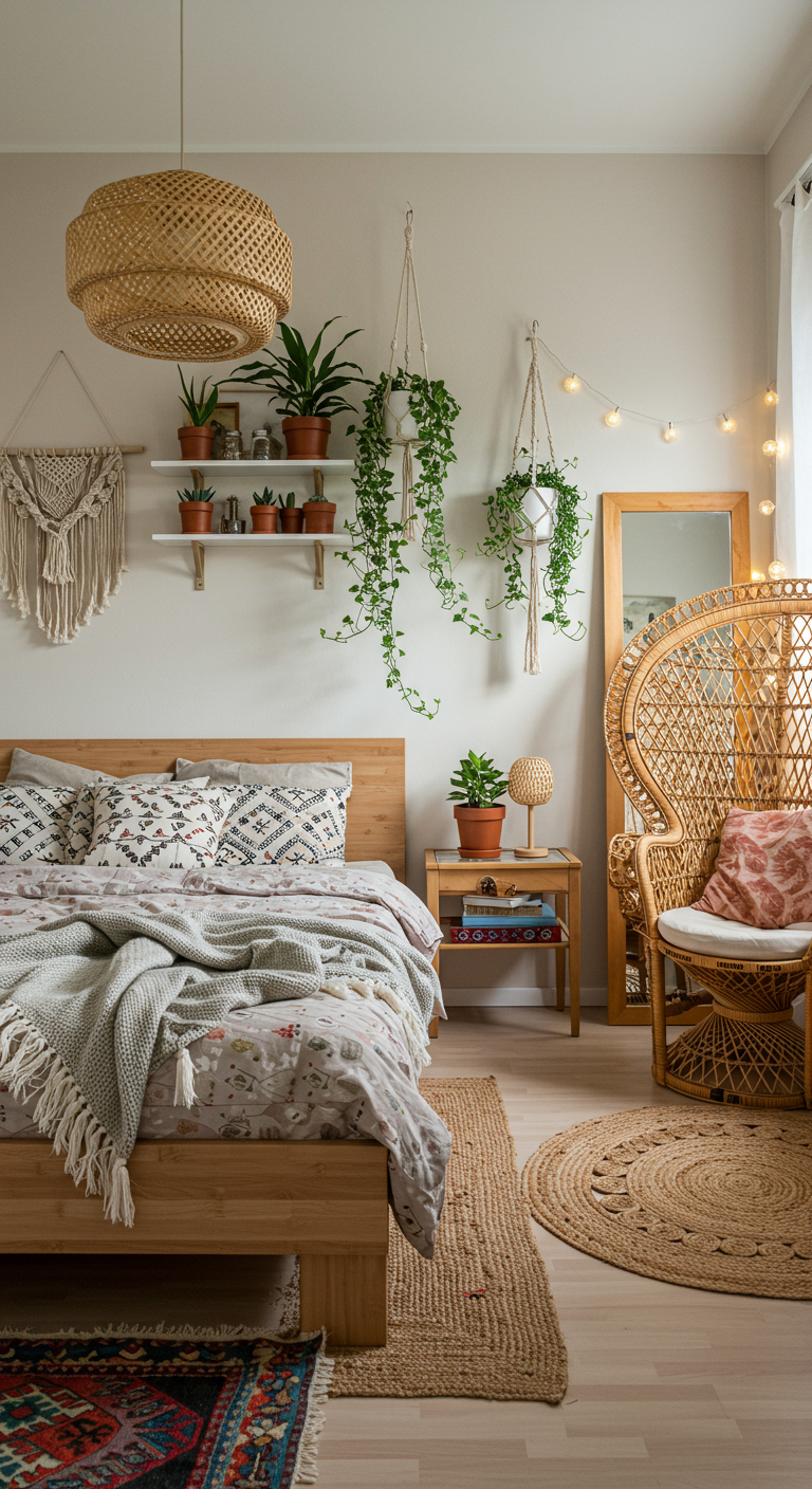 Skandinavisches Schlafzimmer mit Boho-Elementen wie Rattansessel und Makramee.