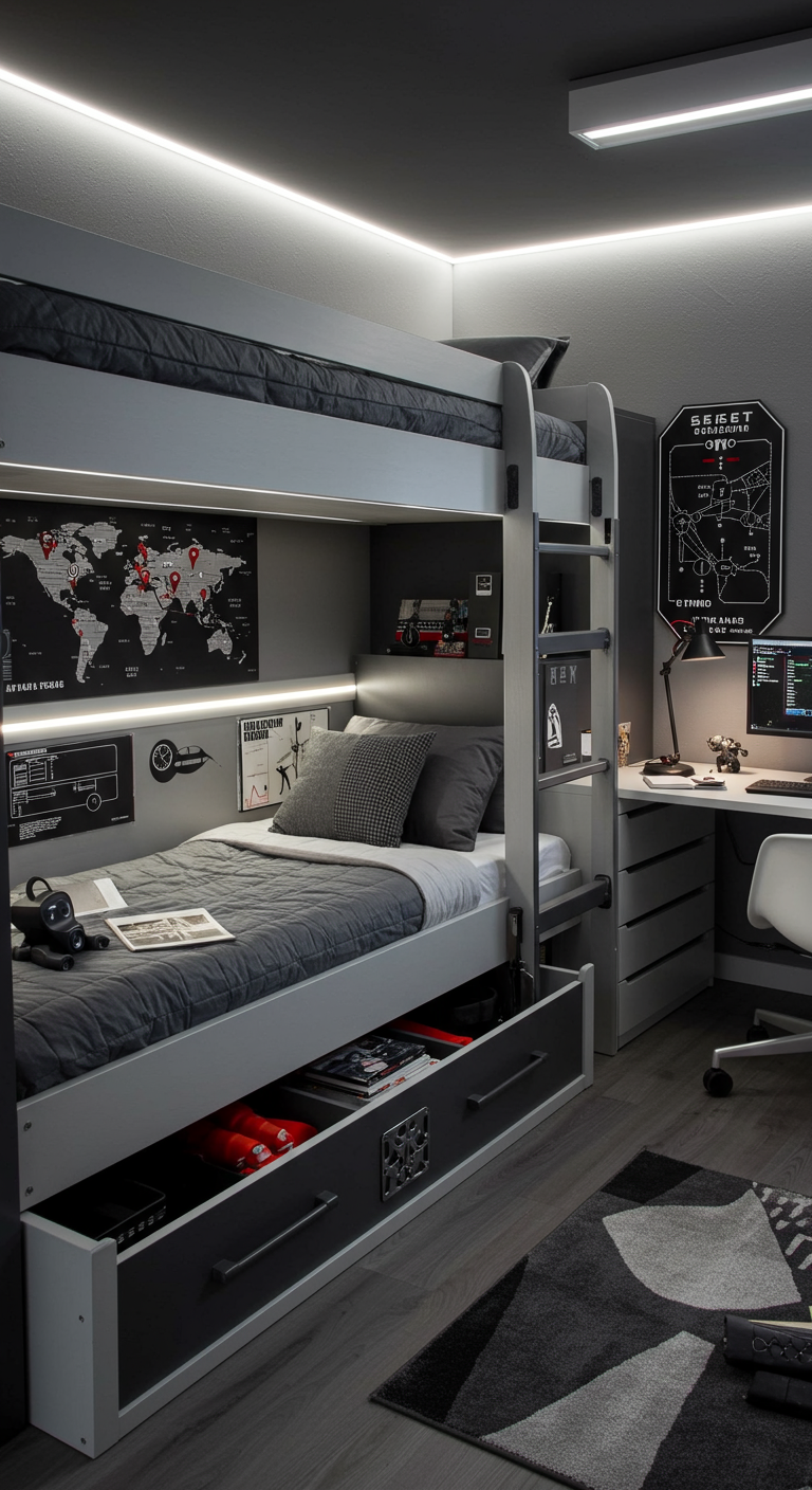 Modernes Jugendzimmer mit Etagenbett, integriertem Schreibtisch und dunklen Farben.
