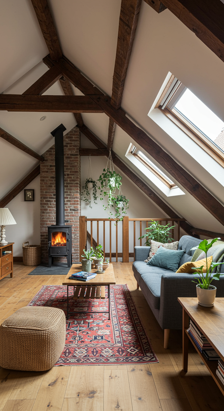 Gemütliches Dachgeschoss-Wohnzimmer mit Holzbalken, Kaminofen und Pflanzen.