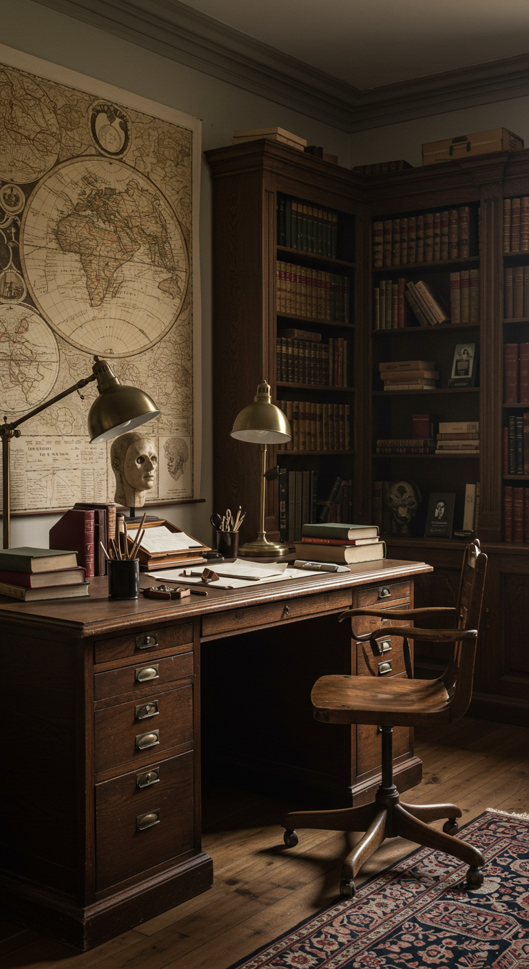 Großer Holzschreibtisch vor Bücherregalen mit Weltkarte, Schädelmodell und Messinglampen.
