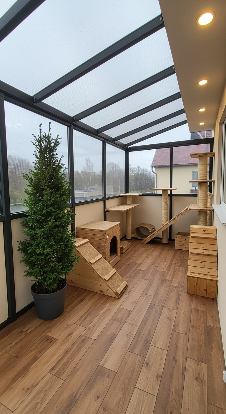 Verglaster Catio-Balkon mit Holzfußboden, Kratzbäumen und Tannenbaum