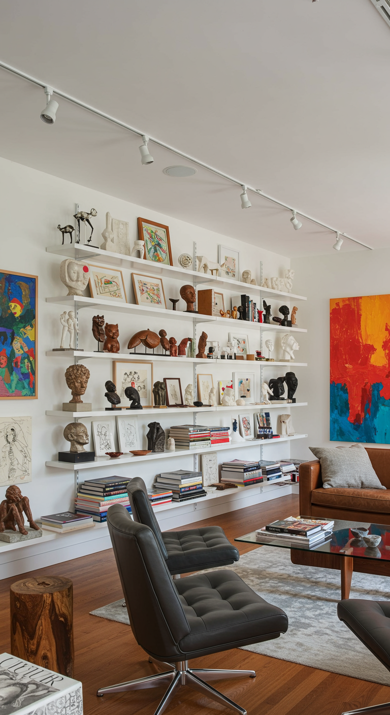 Weiße Wandregale mit moderner Kunst und Skulpturen in hellem Wohnzimmer.