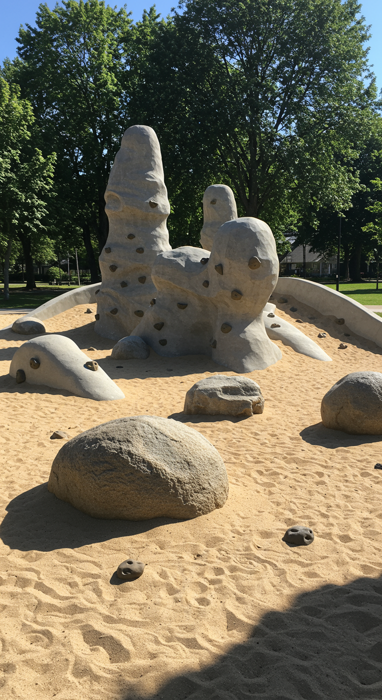 Künstliche Kletterfelsen in verschiedenen Formen im Sandkasten.